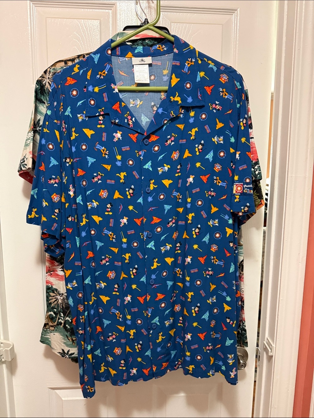 Disney Blue Short-Sleeve Button-Front Camp Shirt with Multicolor Icons